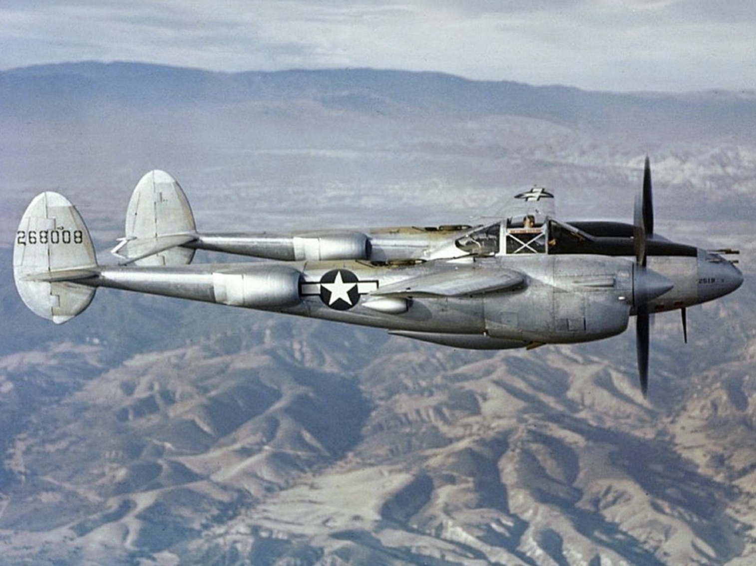 A US P-38 fighter flying over California in 1944